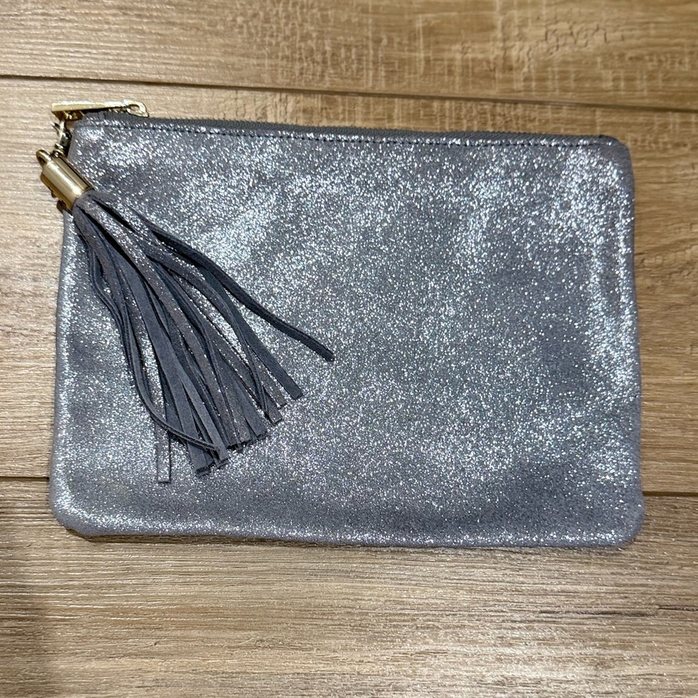 Silver Glitter Genuine Leather Clutch with Leather Tassel